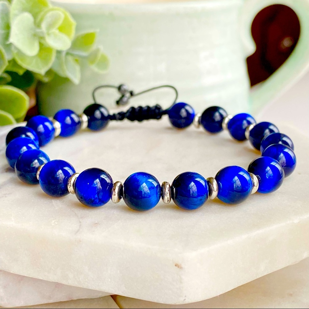 Mens Lapis Tiger Eye Bracelet 8mm round beads Adjustable Cord Macrame